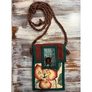 Artisan Crossbody Bag Mixed Media Textiles Botanical Flower and Beetle